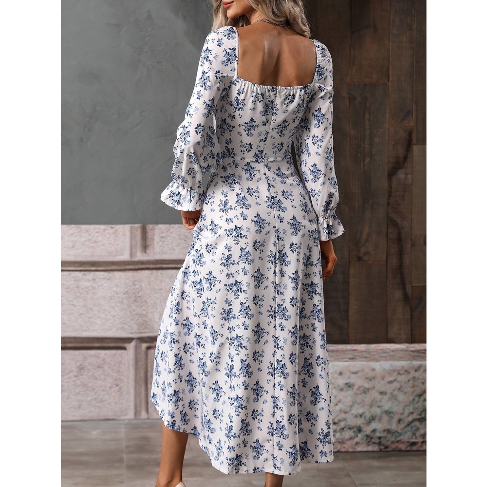 Blue white Floral Print Flounce long Sleeve Knotted Split Thigh midi Dress boho - Picture 2 of 11